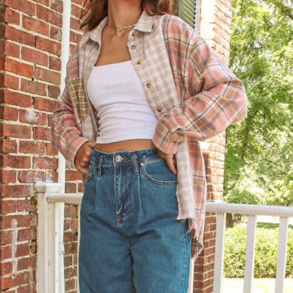 Plaid Patchwork Button-Up Shirt Size Small - image 2